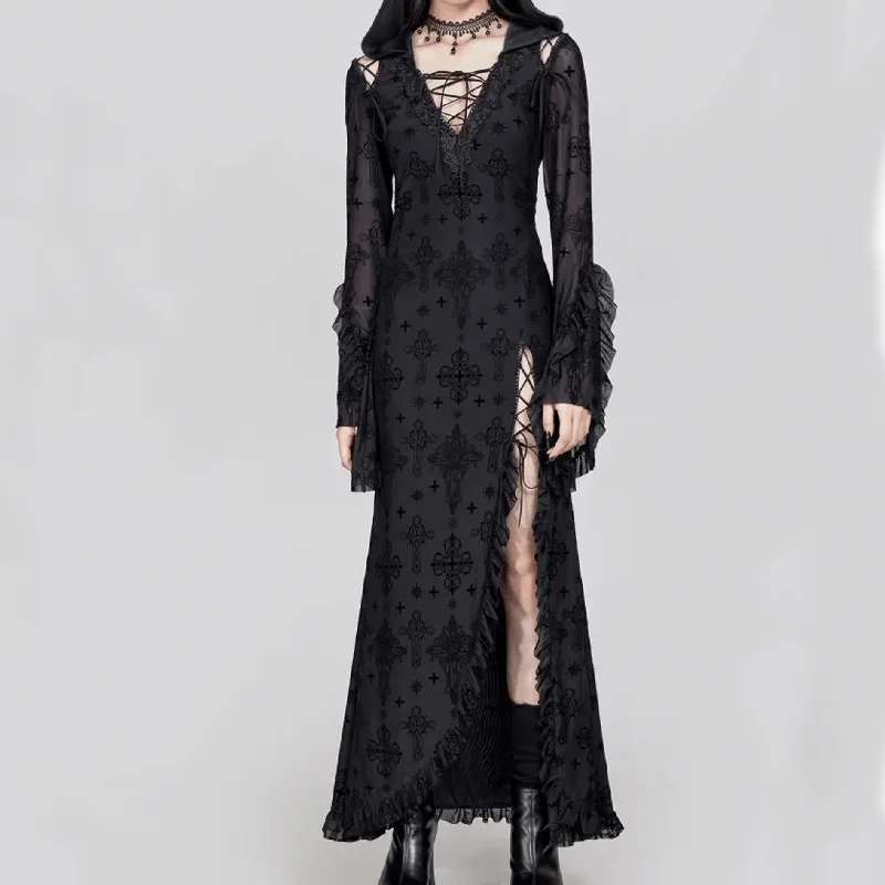 Women's Gothic Plunging Flared Sleeved Split Dress with Hood