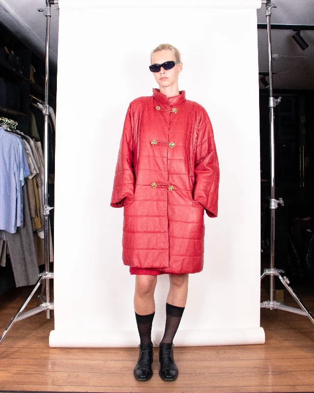 1980s Nina Ricci Padded Red Leather Coat M Belted Midi-Length Coat