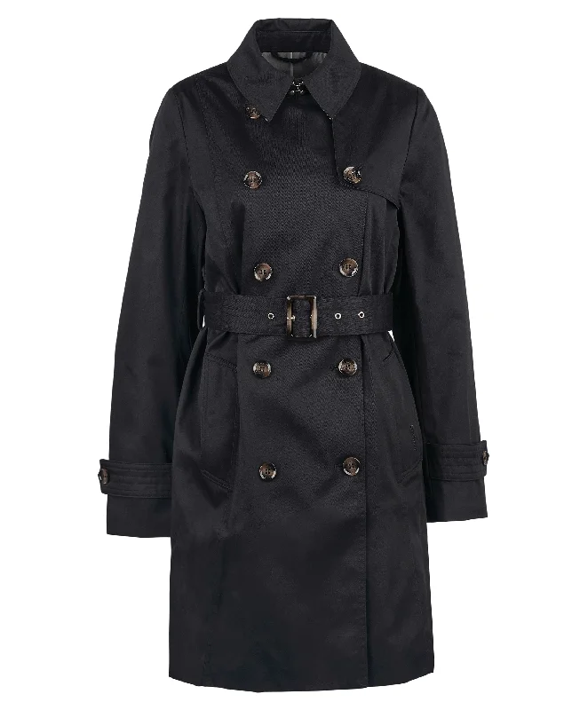 Barbour Short Greta Ladies Showerproof Trench - Black/Ancient Poplar Puff Sleeve Overcoat