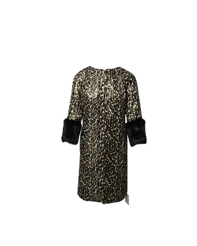 Tory Burch Multicolor Silk Animal Print Jacquard Coat with Fur Sleeves Structured Wool Blazer