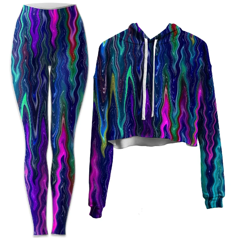 Cosmic Vibrations Crop Hoodie and Leggings Combo Draped Collar Cardigan