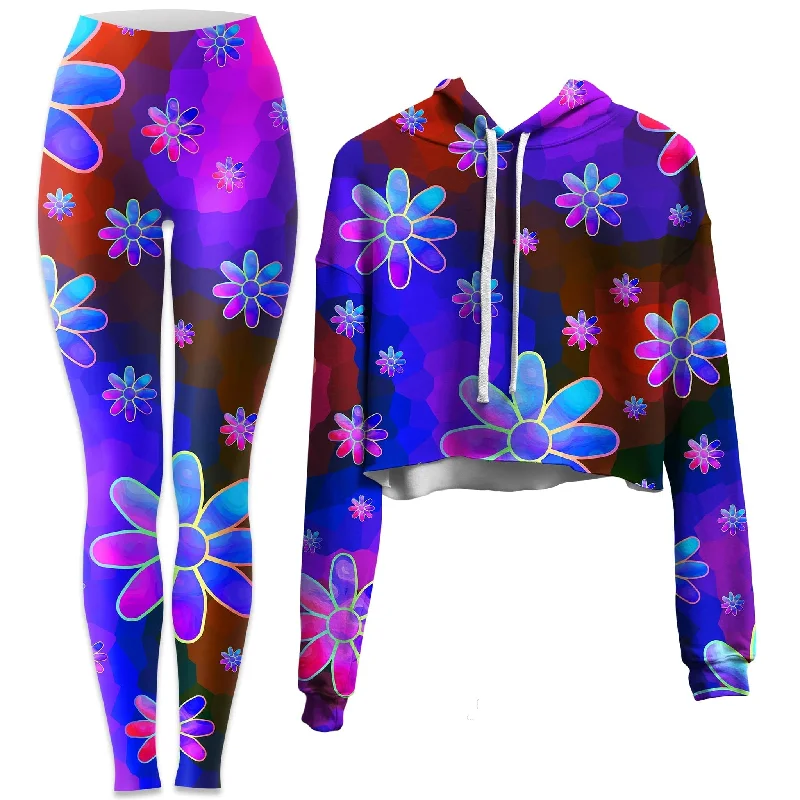 Floral Fantasy Abstract Crop Hoodie and Leggings Combo Belted Crossover Blazer