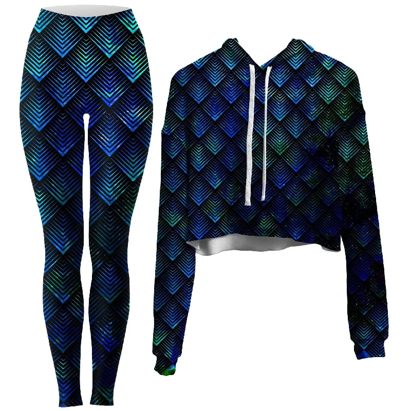 Galactic Dragon Scale Teal Crop Hoodie and Leggings Combo Bold Color Block Coat