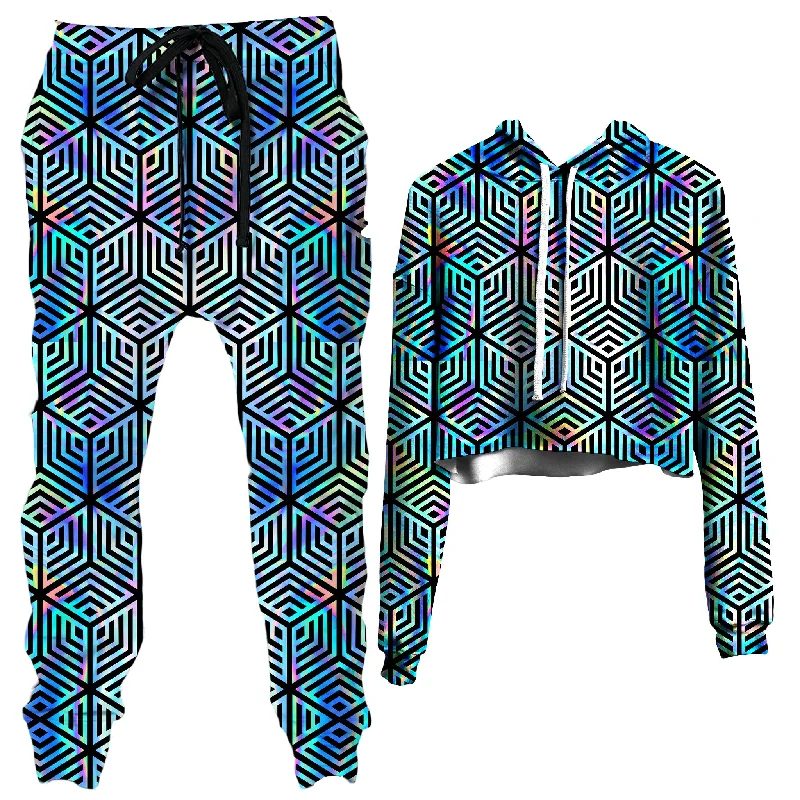 Holographic Hexagon Crop Hoodie and Joggers Combo Belted Midi-Length Coat