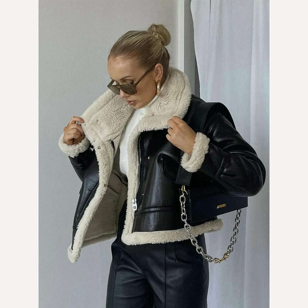 Lagabogy 2023 Winter Jacket Women Faux Shearling Sheepskin Coat Retro Motorcycle Parka Fleece Female Short Loose Snow Outerwear Minimalist Wool Duster