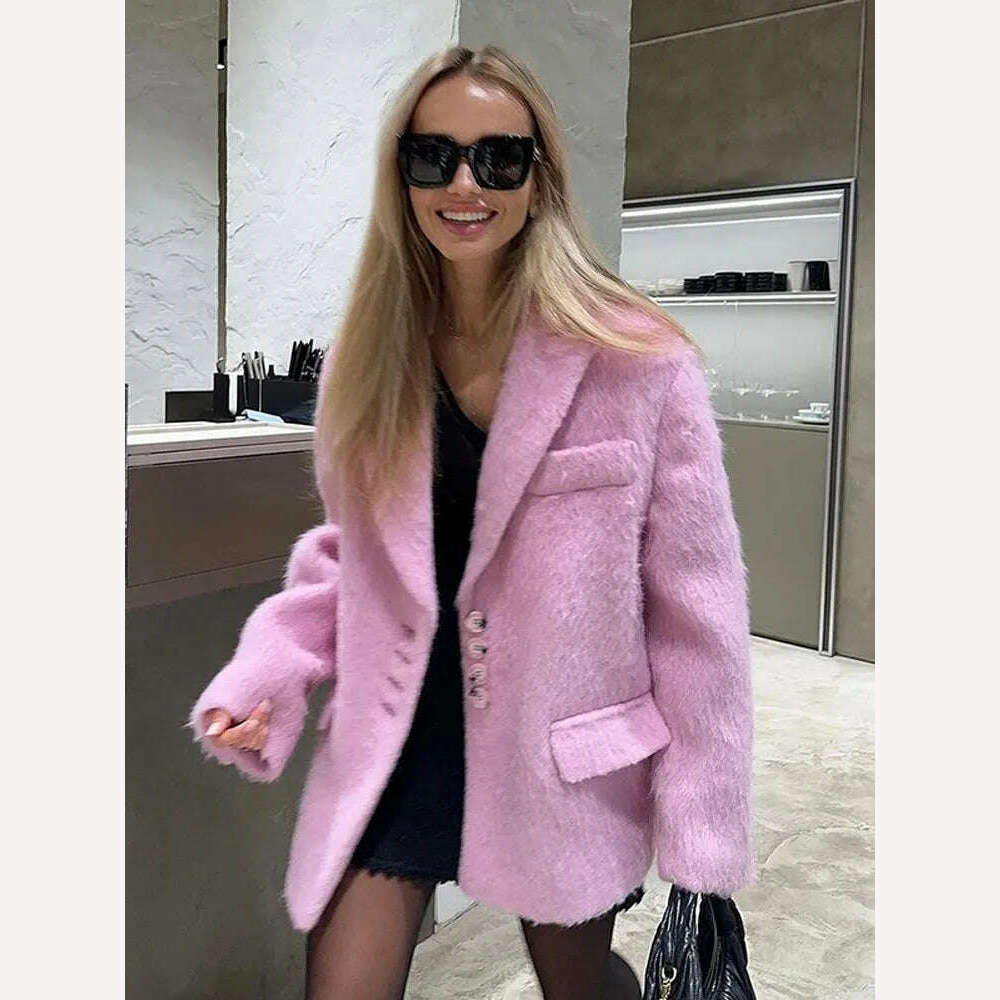 Lapel Woolen Plush Pink Coats For Women Loose Long Sleeve Single Breasted Oversized Jacket Autumn Winter Female Short Coat Ultra-Light Down Coat