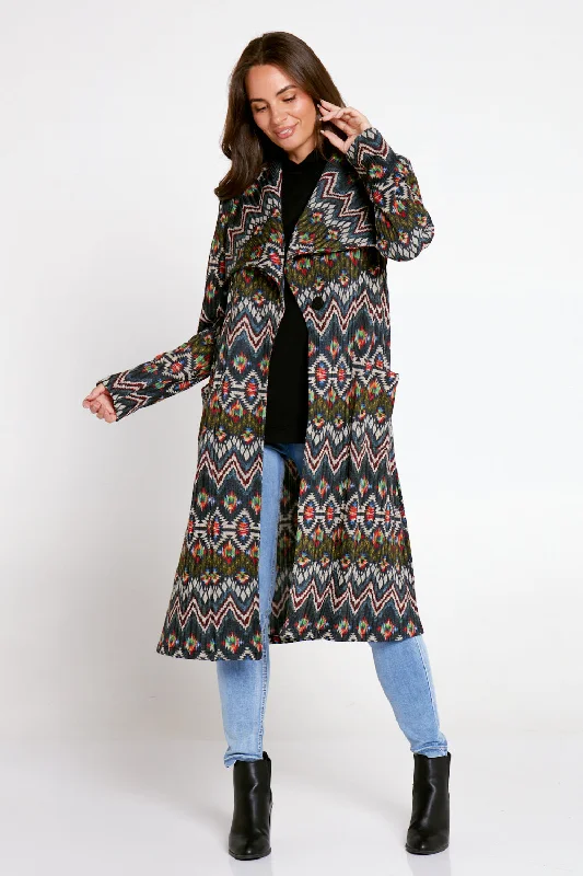 Lara Fleece Trench Coat - Navy Aztec Puff Sleeve Blazer