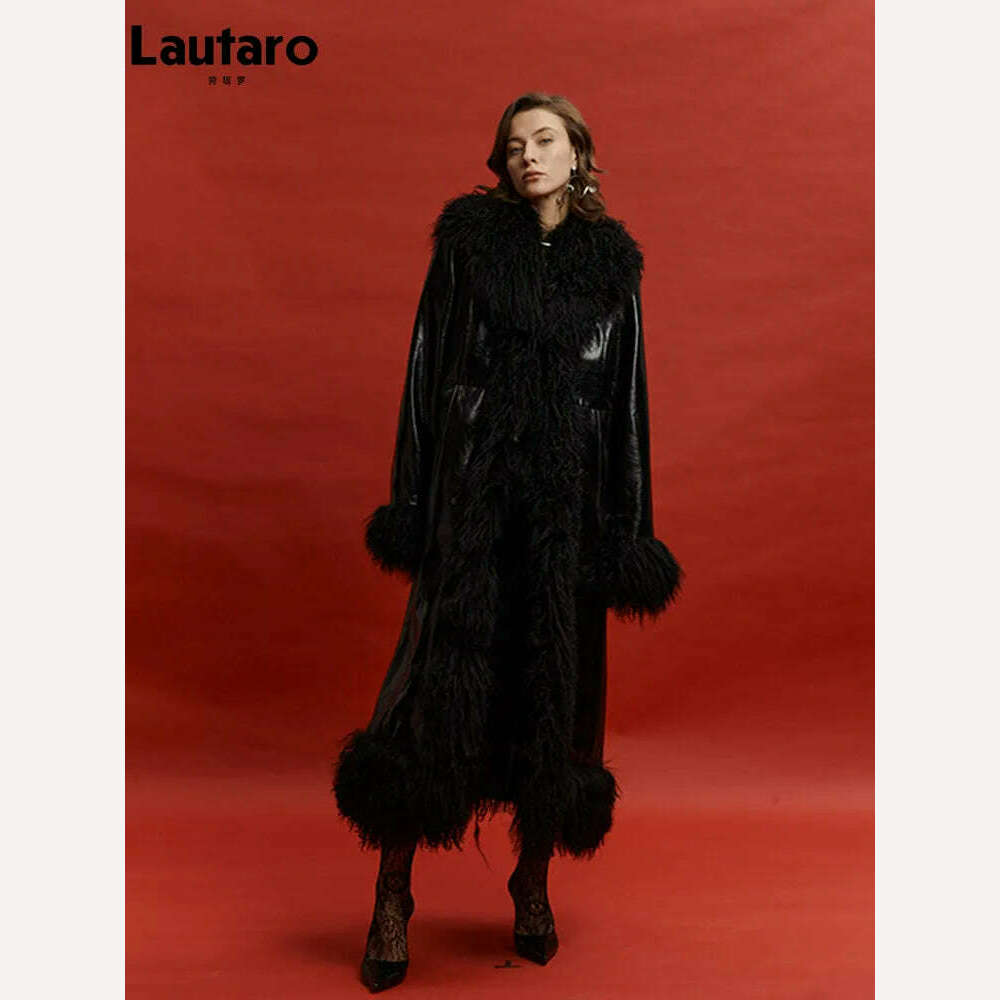 Lautaro Spring Autumn Long Black Shiny Patent Pu Leather Coat Women with Faux Fur Trim Luxury Designer Clothing European Fashion Soft Thermal Overcoat