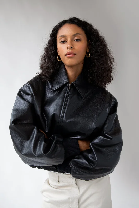 VEGAN LEATHER BUBBLE HEM BOMBER JACKET Fitted Tailored Blazer