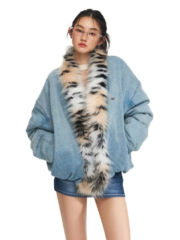 Leopard Collar Denim Jacket Hooded Raincoat Women