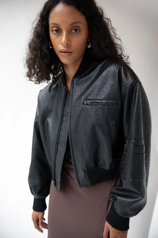 CROPPED VEGAN LEATHER BOMBER JACKET Puff Shoulder Coat