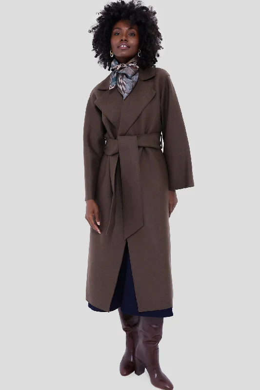 Teddy Brown Belted Clutch Pressed Wool Coat Casual Open-Front Coat