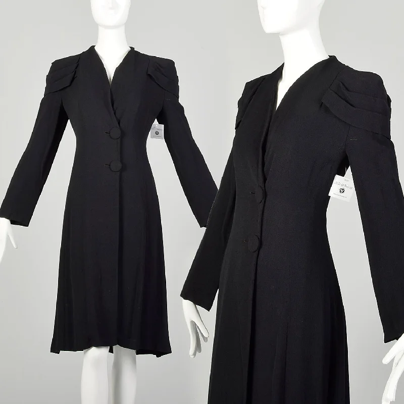 XS 1930s Coat Black Rayon Crepe Long Sleeve Art Deco Pleated Epaulettes