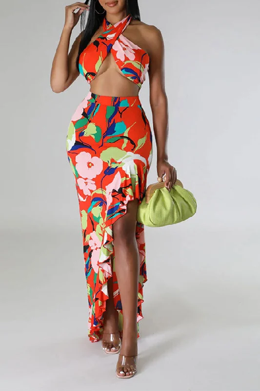 Floral Print Pretty High Split Halter Collar Ruffle Dress Suit