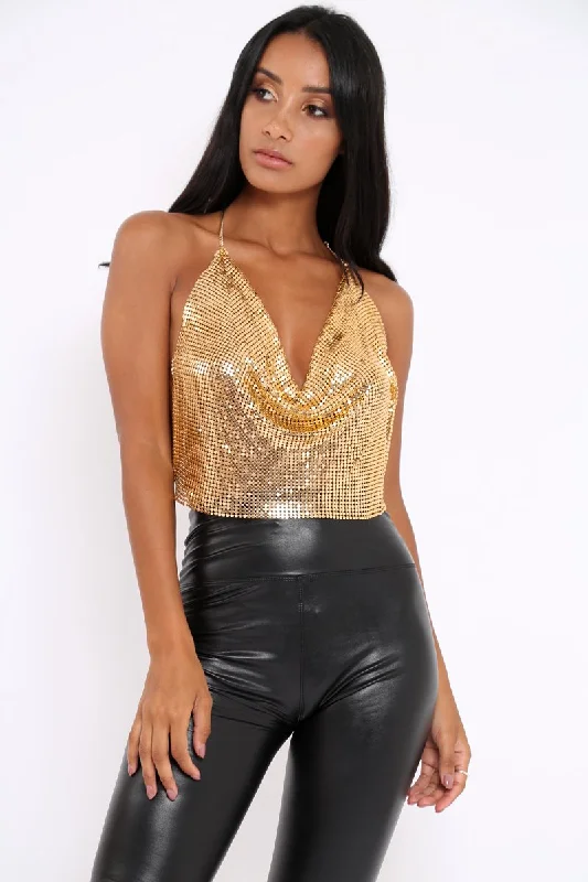 Gold Cowl Chainmail Halterneck Crop Top - Ebonie