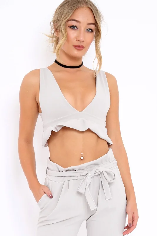 Grey Frill Hem Crop Top - Keya