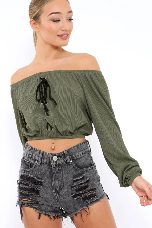 Khaki Ribbed Lace Up Bardot Crop Top - Sara Stylish Tie-Front Top