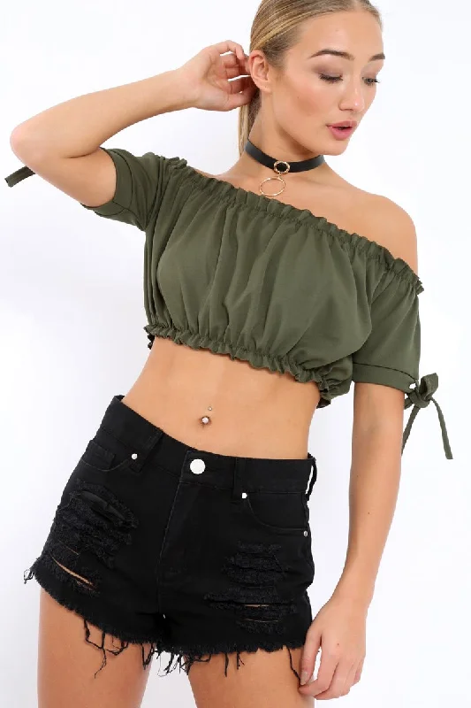 Khaki Ruched Bardot Gypsy Crop Top - Janette Relaxed Long Sleeve