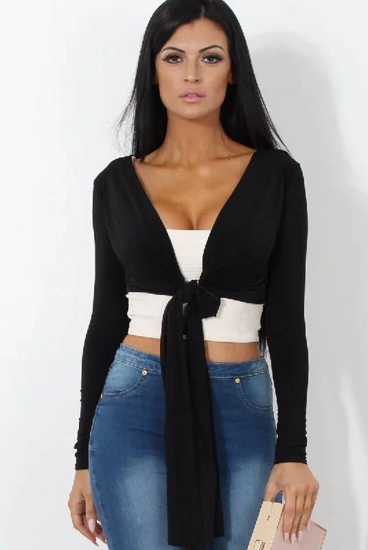 Kola Black Tie Front Crop Top Comfortable Casual Top