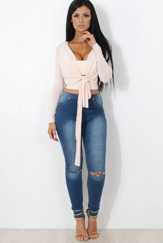 Kola Nude Tie Front Crop Top Casual Striped Top