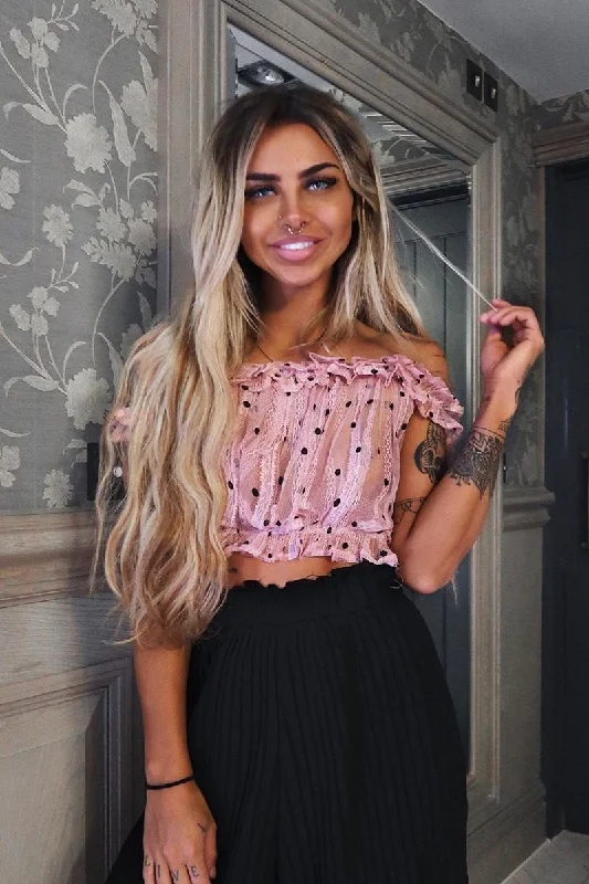 Light Pink Polka Mesh Frill Bardot Crop Top - Wrenlee Classic Button-Down Top