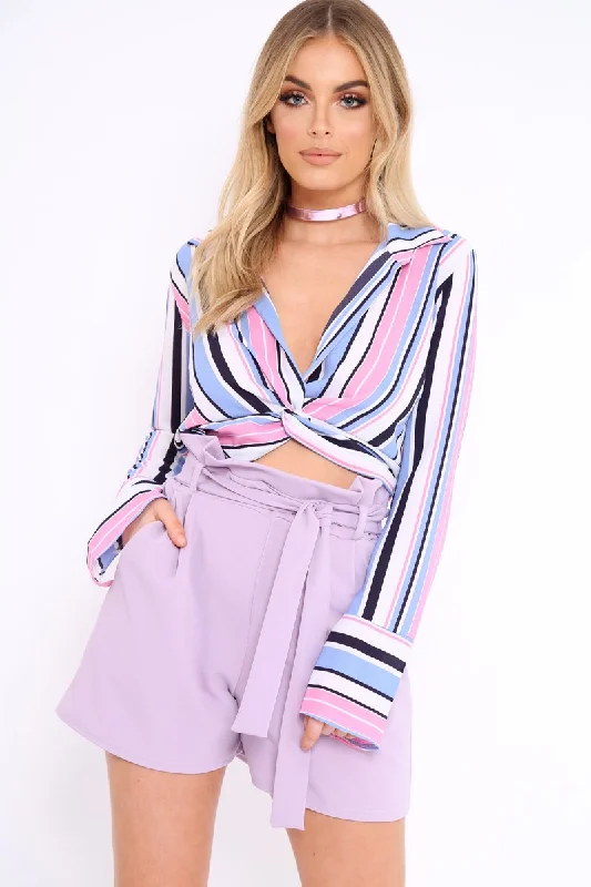 Lilac Striped Plunge Twist Front Crop Top - Gracelee Comfortable Cotton Blouse