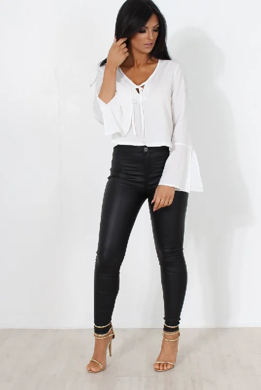 Linn White Bell Sleeve Tie Crop Top Stylish Ribbed Top