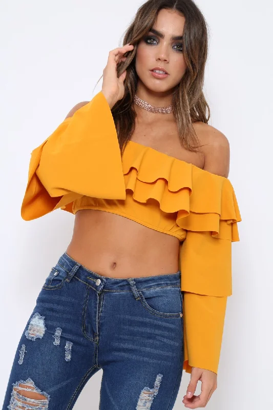 Mustard extreme Layered Frill Bardot Crop Top - Nevaeh